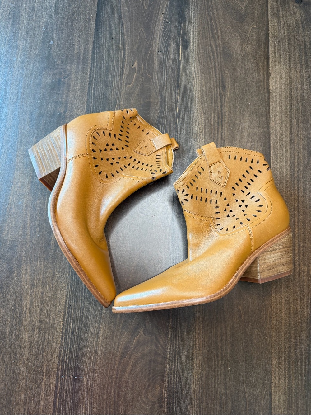Marc Fisher Cognac Tan Laser-Cut Leather Ankle Booties